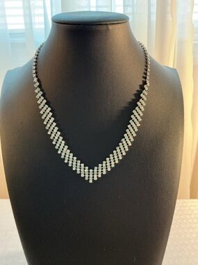 Pale Green Rhinestone Silver Tone Bib Necklace